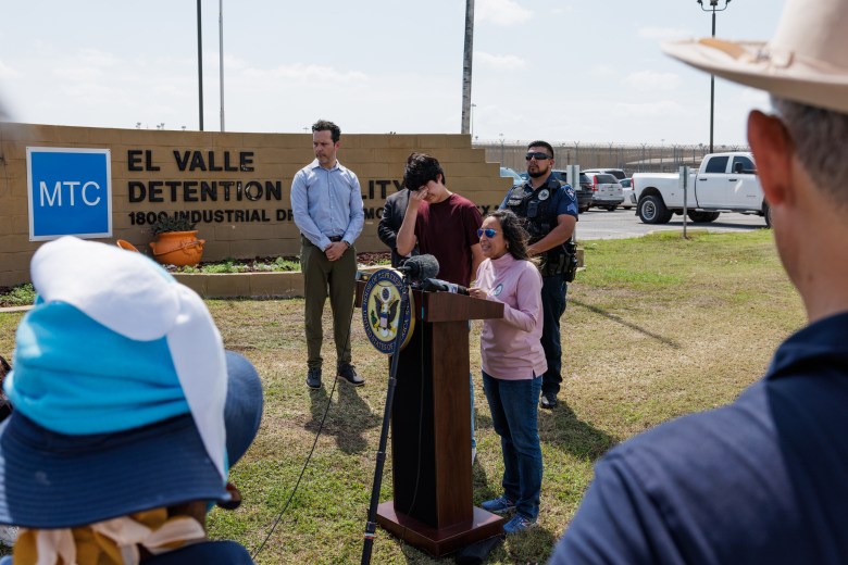 U.S. Rep. Monica De La Cruz speaks at a press conference shortly after Antonio G·mez-CuÈllarís release from the El Valle Detention Facility in Raymondville on March 9, 2026. G·mez-CuÈllar, a member of a nationally recognized mariachi band, and his family were detained by ICE last month.