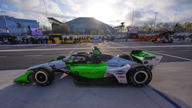 Driver Louis Foster (45) drives during practice for the IndyCar...