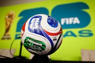 A 2026 FIFA World Cup soccer ball was displayed at the North Texas FWC Organizing Committee...