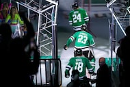 Dallas Stars center Roope Hintz (24), defenseman Esa Lindell (23) and center Sam Steel (18)...