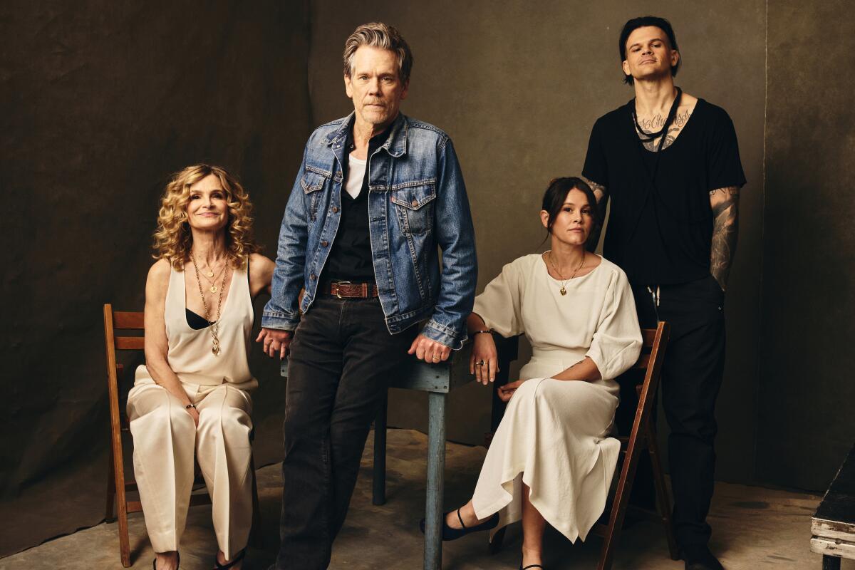 Kyra Sedgwick, Kevin Bacon, Sosie Bacon and Travis Bacon of 'Family Movie' at SxSW on March 13, 2026 in Austin, Texas.