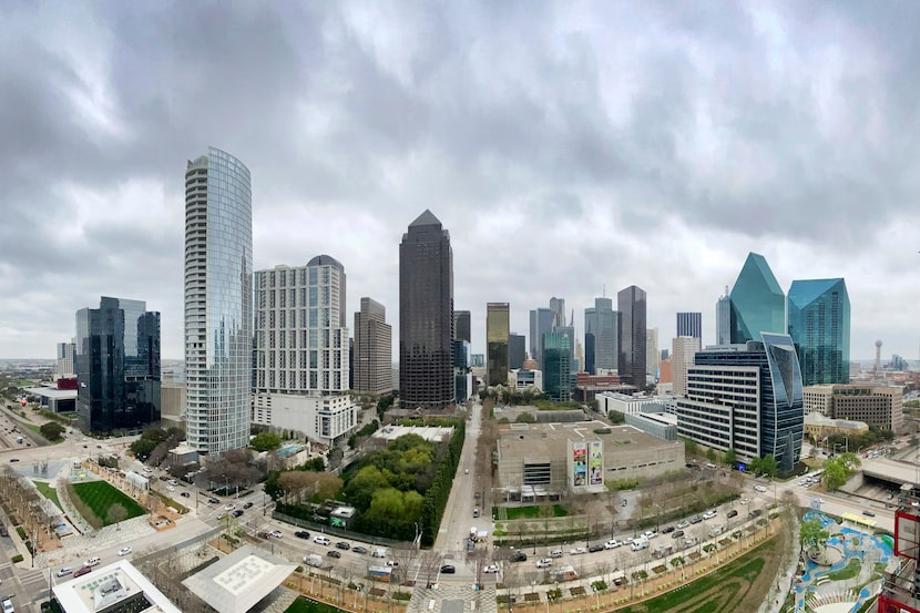 A panoramic view of the Dallas skyline from the new Bank of America Tower under construction...