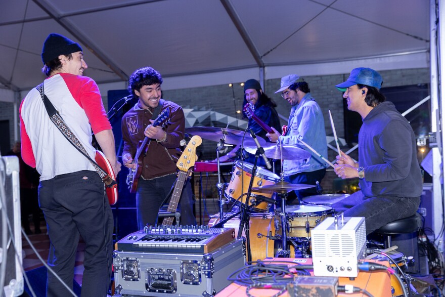 Elik Jazdzewski, Elijah Delgado, Evan Anderson, Ibra Martinez and Sammy Flores play at Lefty’s Brick Bar during SXSW in Austin, Texas, on Mar. 16, 2026. The show marked Delgado’s first official SXSW showcase. Joe Ferrara / KUT News