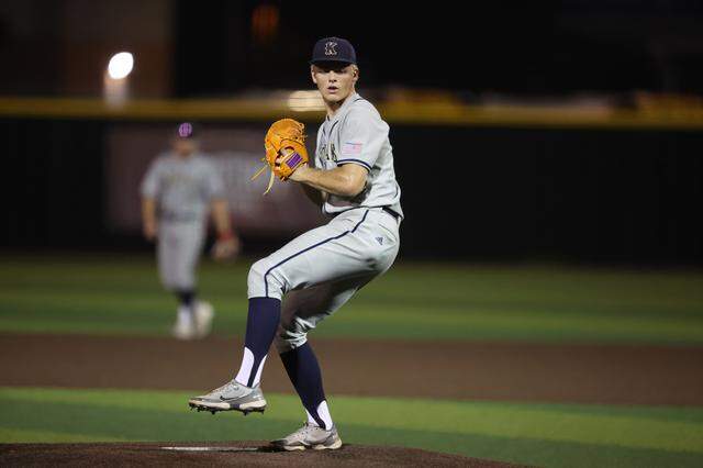 Keller pitcher Cole Koeninger winds up for a pitch against Hebron in Game 2 of their Class 6A Division 1 regional semifinal on Friday, May 16, 2025 at the Coppell Baseball/Softball Complex in Coppell, Texas. Keller defeated Hebron 7-1 to sweep the series.