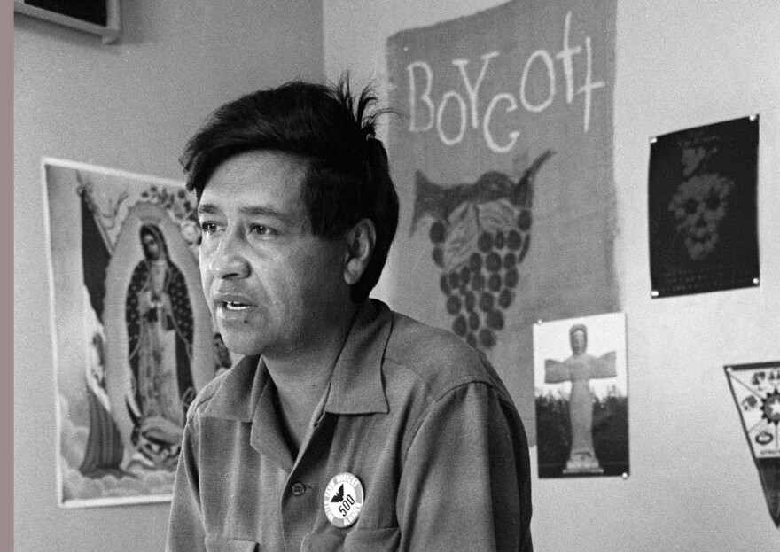 A black-and-white photo of Cesar Chavez, a man with short black hear and wearing a collared shirt, speaking as he looks to the side of the frame. Behind him on the wall are multiple posters, one of La Virgen de Guadalupe and one with an illustration of a bunch of grapes and the word "BOYCOTT."