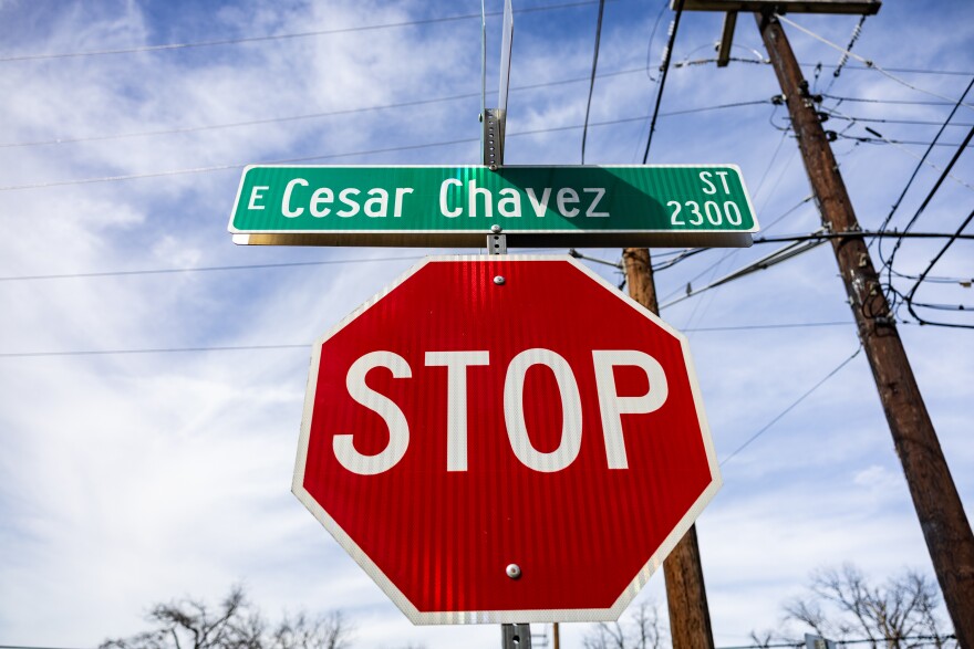 A street sign for Cesar Chavez Street at the intersection with Mildred Street is pictured on Wednesday, March 18, 2026, in Austin, Texas.
