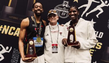 Cliff Felkins and Trey Wilson before the shot put event starts