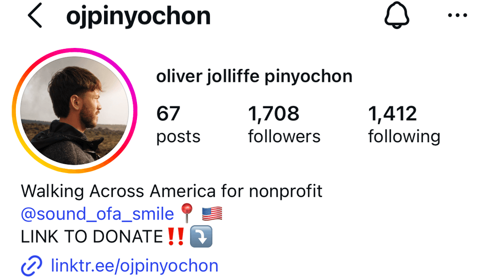 Oliver Pinyochon is currently walking across the country from LA to Boston to raise funds for The Sound of A Smile Program. (Oliver Pinyochon)