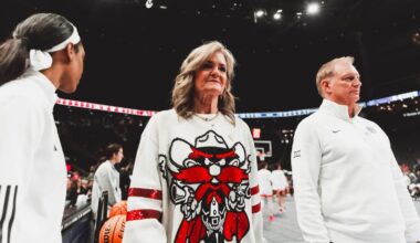 Snudda, Denae and Jalynn celebrating a three pointer. Texas Tech vs TCU Women’s Basketball on February 1, 2026 in Lubbock, TX. (Photo by Jacob Reiner/Texas Tech Athletics)