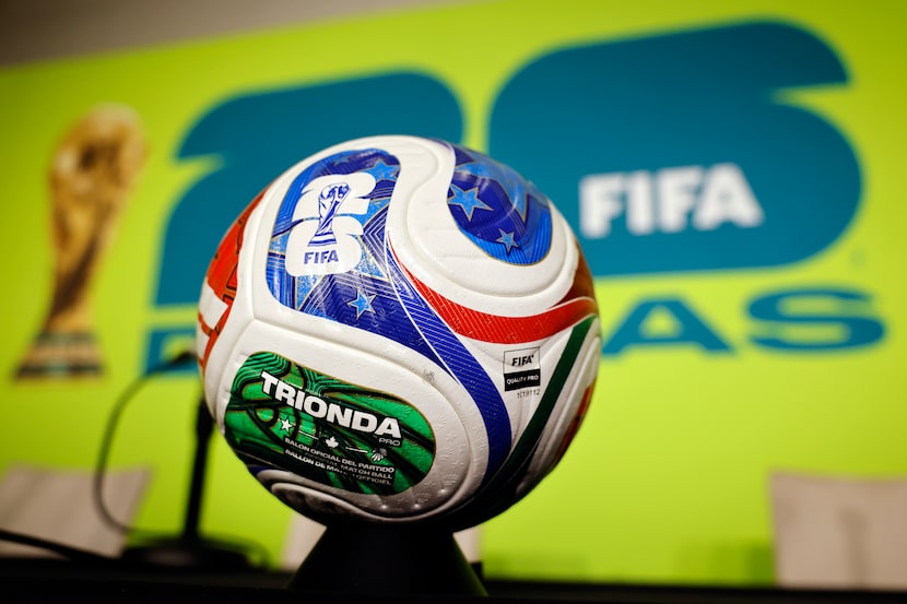 A 2026 FIFA World Cup soccer ball was displayed at the North Texas FWC Organizing Committee...