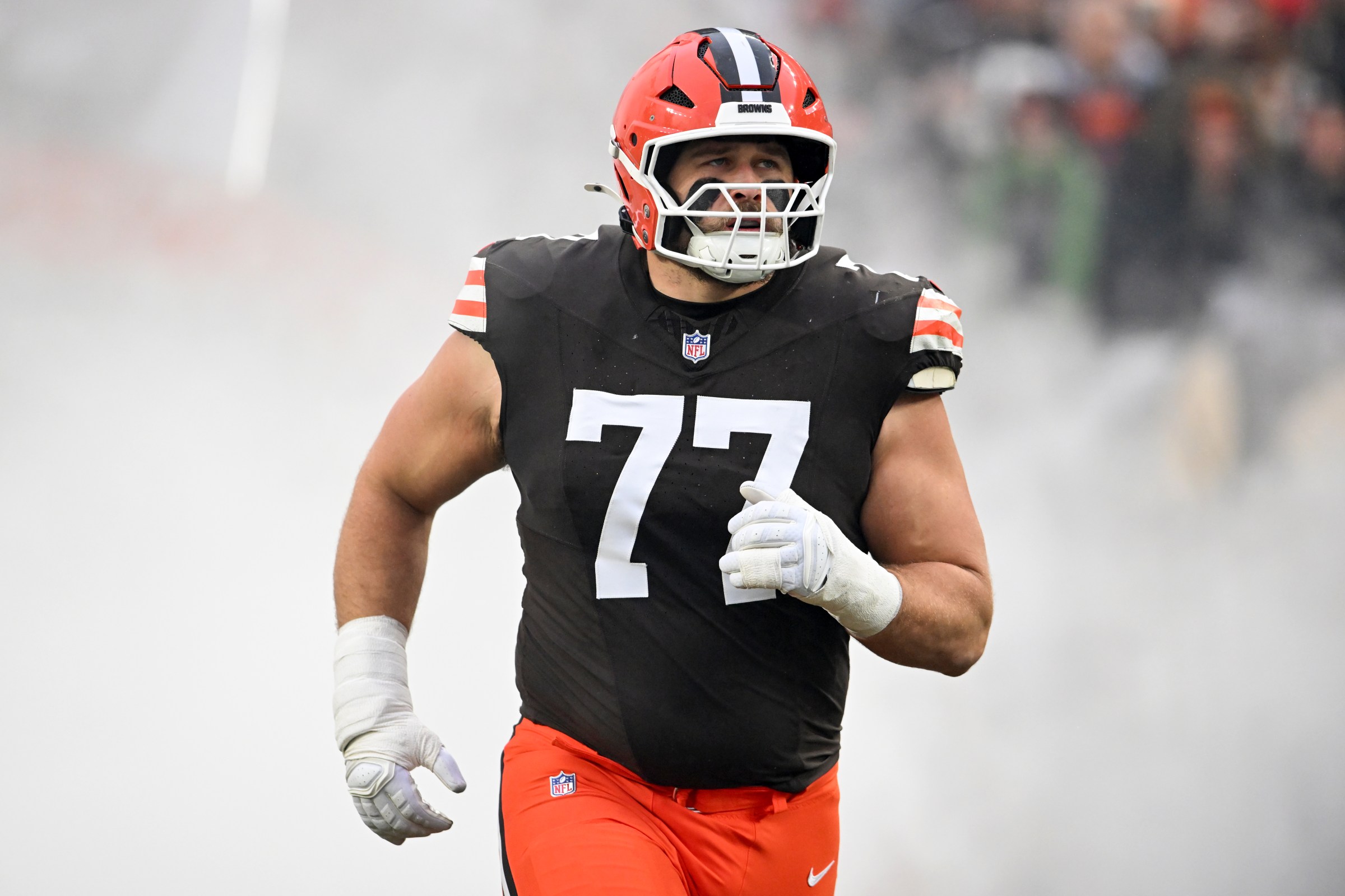 CLEVELAND, OHIO - DECEMBER 28: Wyatt Teller #77 of the Cleveland Browns is introduced prior to a game against the Pittsburgh Steelers at Huntington Bank Field on December 28, 2025 in Cleveland, Ohio. (Photo by Nick Cammett/Diamond Images via Getty Images)