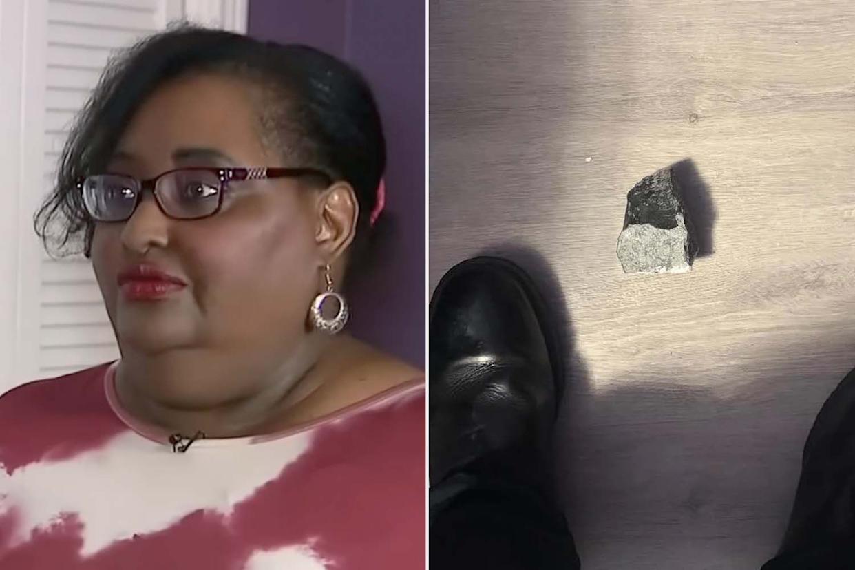 Houston resident Sherrie James (left); Rock that tore through roof of Houston homeCredit: FOX 26 Houston/YouTube; Ponderosa Fire Department