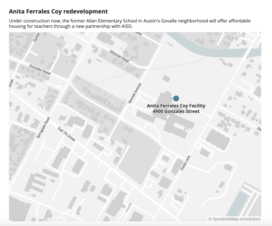 A map showing the former Allan Elementary School site in the context of surrounding buildings and roads in the neighborhood.