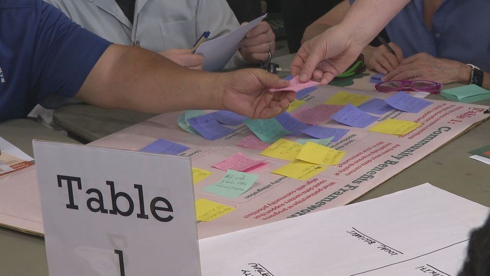 Community members adding sticky notes with feedback onto poster. (Credit: KFOX14/CBS4)