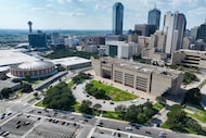 Aerial view of Dallas City Hall (right) and the Kay Bailey Hutchison Convention Center in...