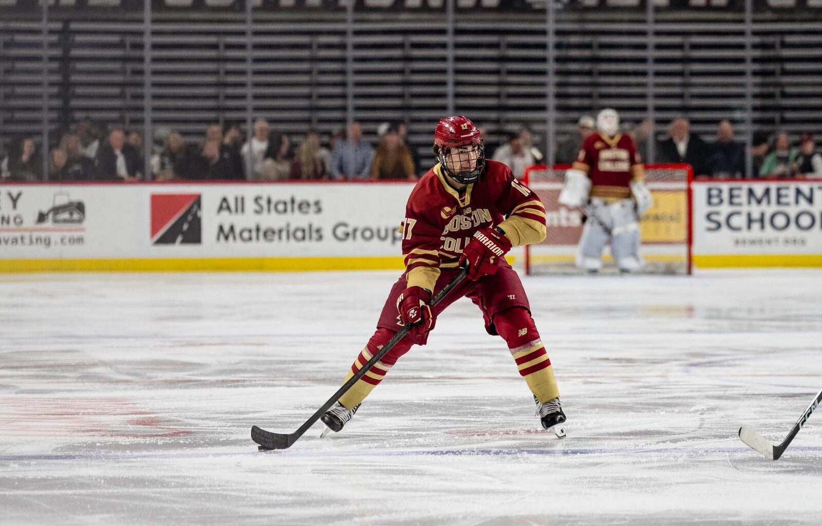 James Hagens with the puck.