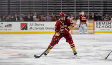 James Hagens with the puck.
