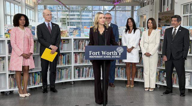 Fort Worth Mayor Mattie Parker speaks during a press conference introducing the Fort Worth school district’s Board of Managers and state-appointed superintendent Tuesday, March 24, 2026, at Reby Cary Youth Library. Parker was joined by board member Courtney Lewis, left; board chair Pete Geren; Superintendent Peter Licata and his wife, Maria; and board members Rosa Maria Berdeja and Luis Galinda.