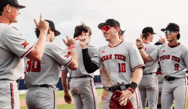 The Red Raiders celebrate their run-rule walk-off win Tuesday afternoon vs. New Mexico