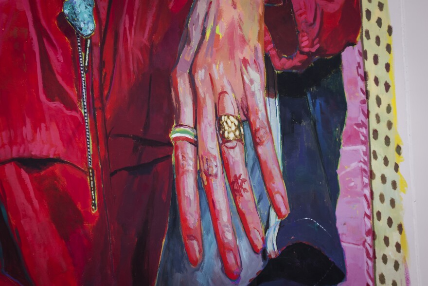 A detail of Jay Wilkinson’s mural that is part of The Art Docks project to transform an industrial alleyway in the Design District in Dallas.