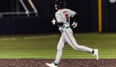 The Red Raiders celebrate their run-rule walk-off win Tuesday afternoon vs. New Mexico