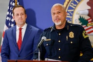 In a file photo, Dallas police Chief Daniel Comeaux speaks during a news conference...