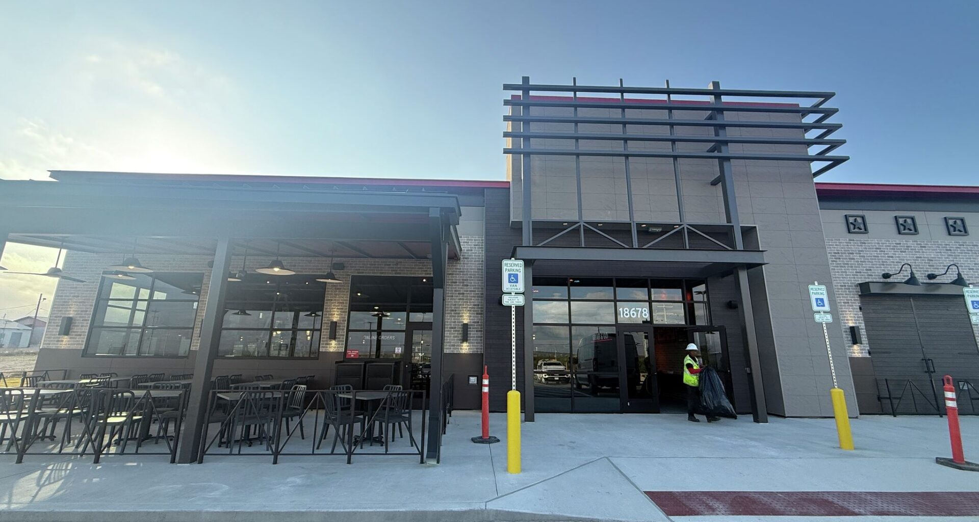 Construction continues on a new Portillo’s restaurant in Schertz, near San Antonio, with crews working on both the exterior and interior of the building on March 25, 2026.
