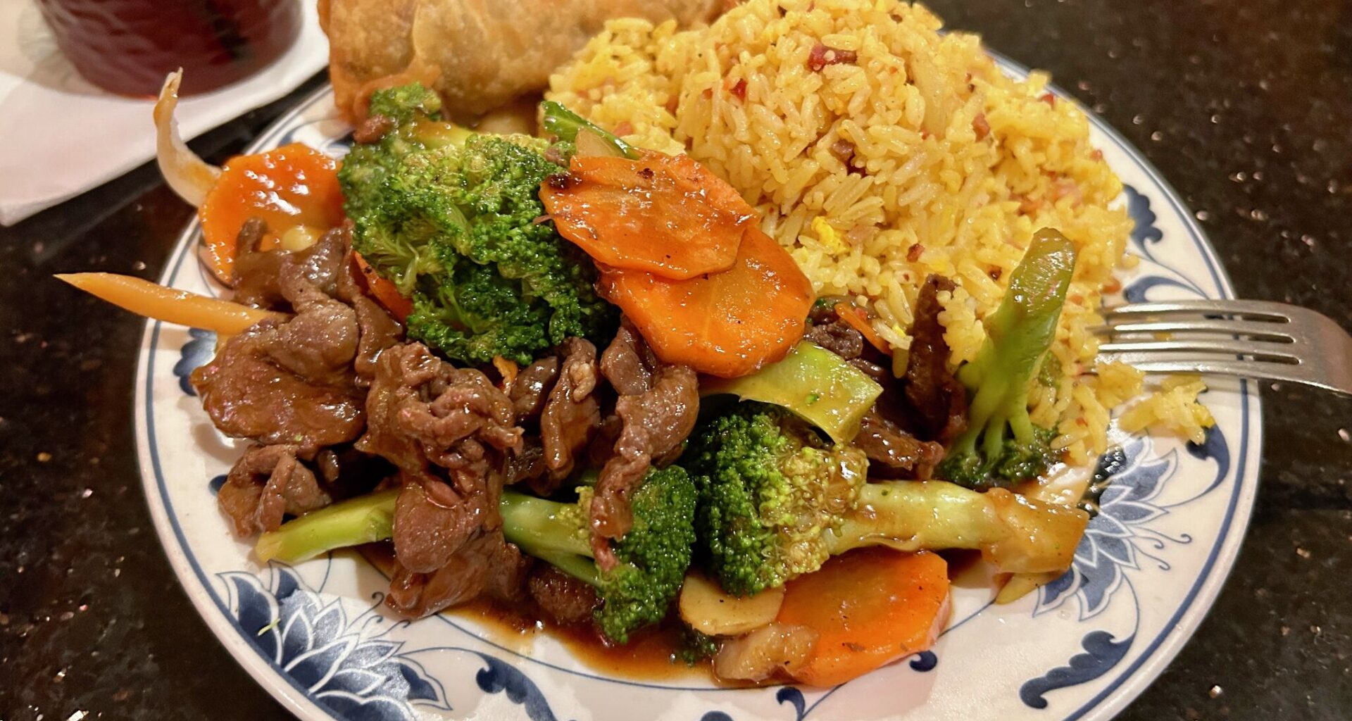 The beef and broccoli lunch special from Hung Fong comes with pork fried rice. 