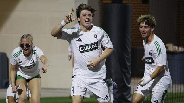 Southlake Carroll John Skiermont (9) celebrates his goal against Mansfield Legacy during the second half of a UIL bi-district round boys soccer playoff game at Crowley ISD Multi-Purpose Stadium in Fort Worth, Texas, Friday, March, 20, 2026.