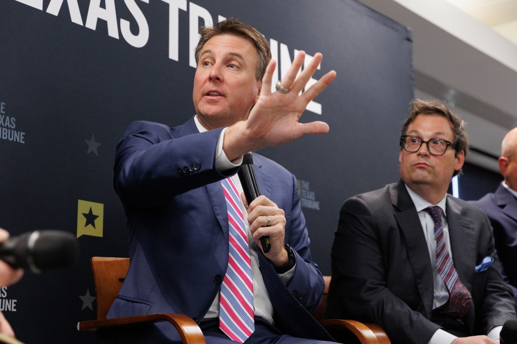 Ryan Patrick, CEO of Texans for Lawsuit Reform, answers a question alongside Chris Babcock, president at Alliance for Corporate Excellence, Brian Page, managing director at JPMorganChase, and John Sepehri, of counsel at Foley and Lardner LLP, during The Texas Tribune’s Y’all Street event, moderated by Tribune Editor-in Chief Matthew Watkins and hosted at the Dallas Regional Chamber in Dallas on March 24, 2026.