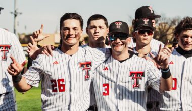 The Red Raiders celebrate their run-rule walk-off win Tuesday afternoon vs. New Mexico