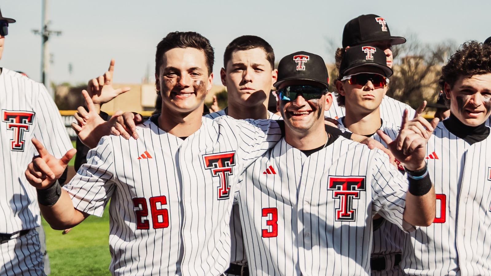 The Red Raiders celebrate their run-rule walk-off win Tuesday afternoon vs. New Mexico