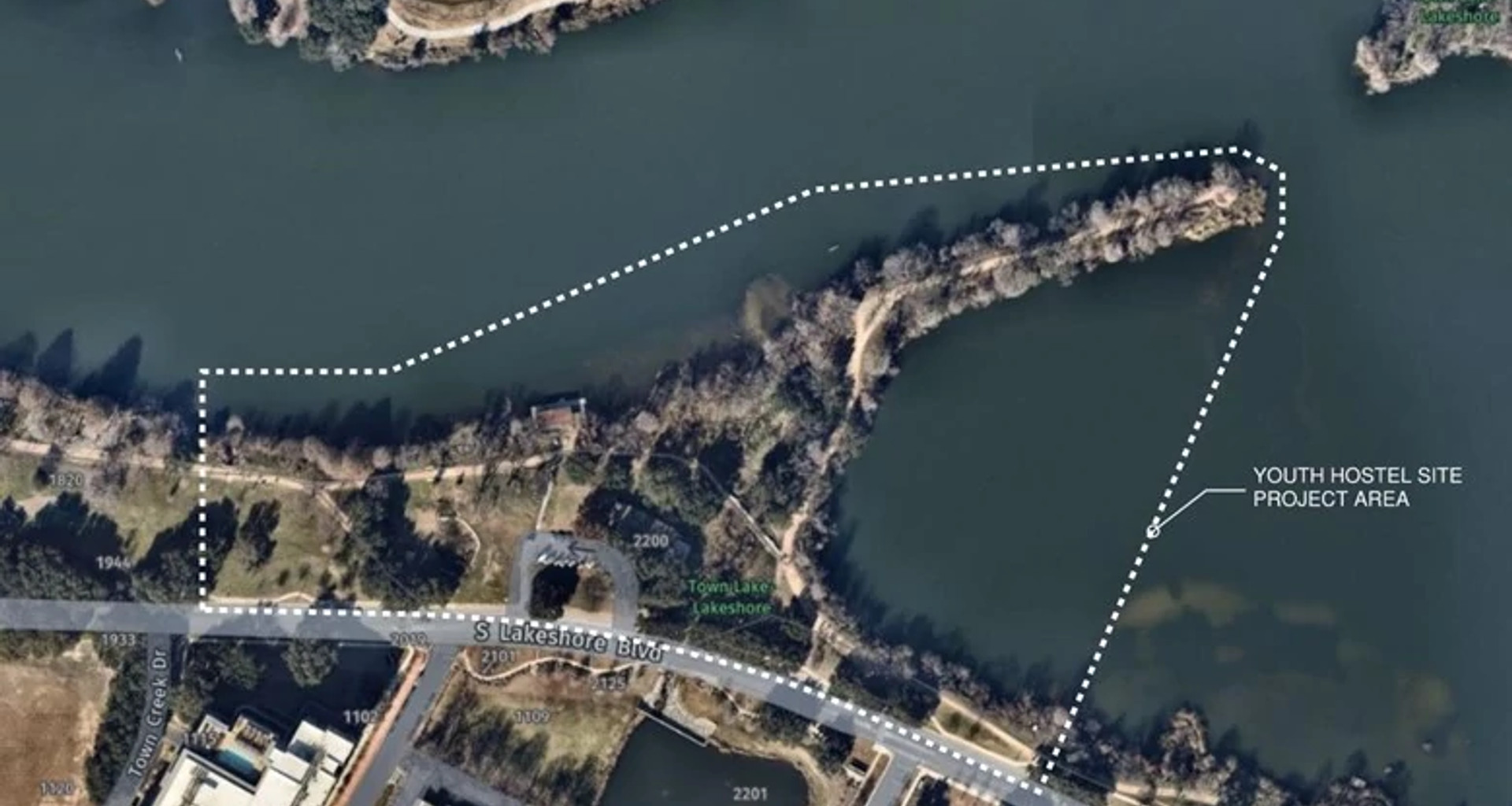 Overhead image of shore of Lady Bird Lake south shore near S. Lakeshore Blvd with Youth Hostel Site project area outlined