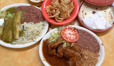 A spread of offerings from Don Pedro, including green chicken enchiladas, costillas de puerco, flour tortillas and chips and salsa. The Mexican restaurant is giving free meals to TSA workers as funding hangs in the balance.
