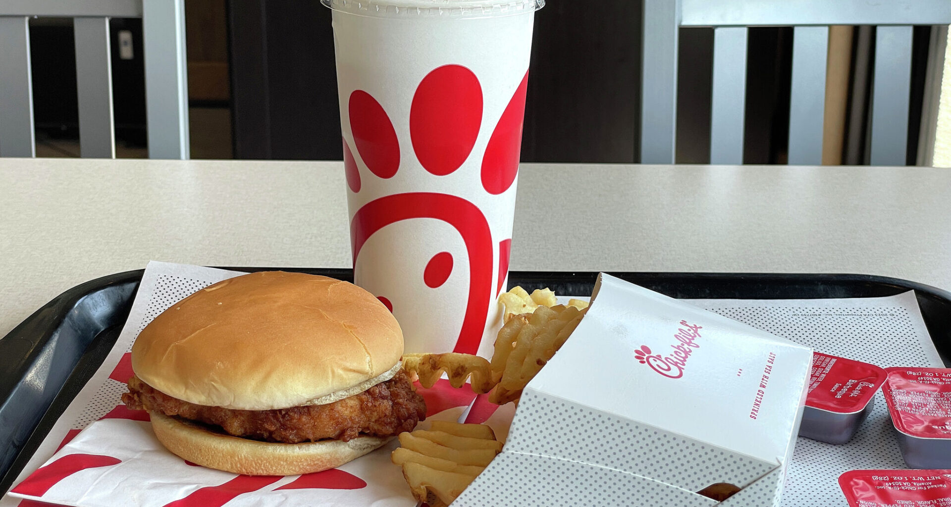In this photo illustration, a Chick-fil-A meal is displayed at a Chick-fil-A restaurant on June 01, 2023 in Novato, California.
