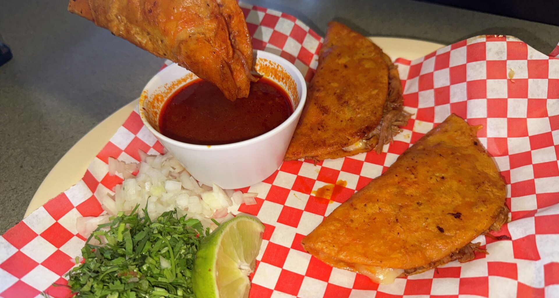 Quesabirria tacos served at El Norteño Taqueria in New Braunfels, Texas on March 26, 2026. 