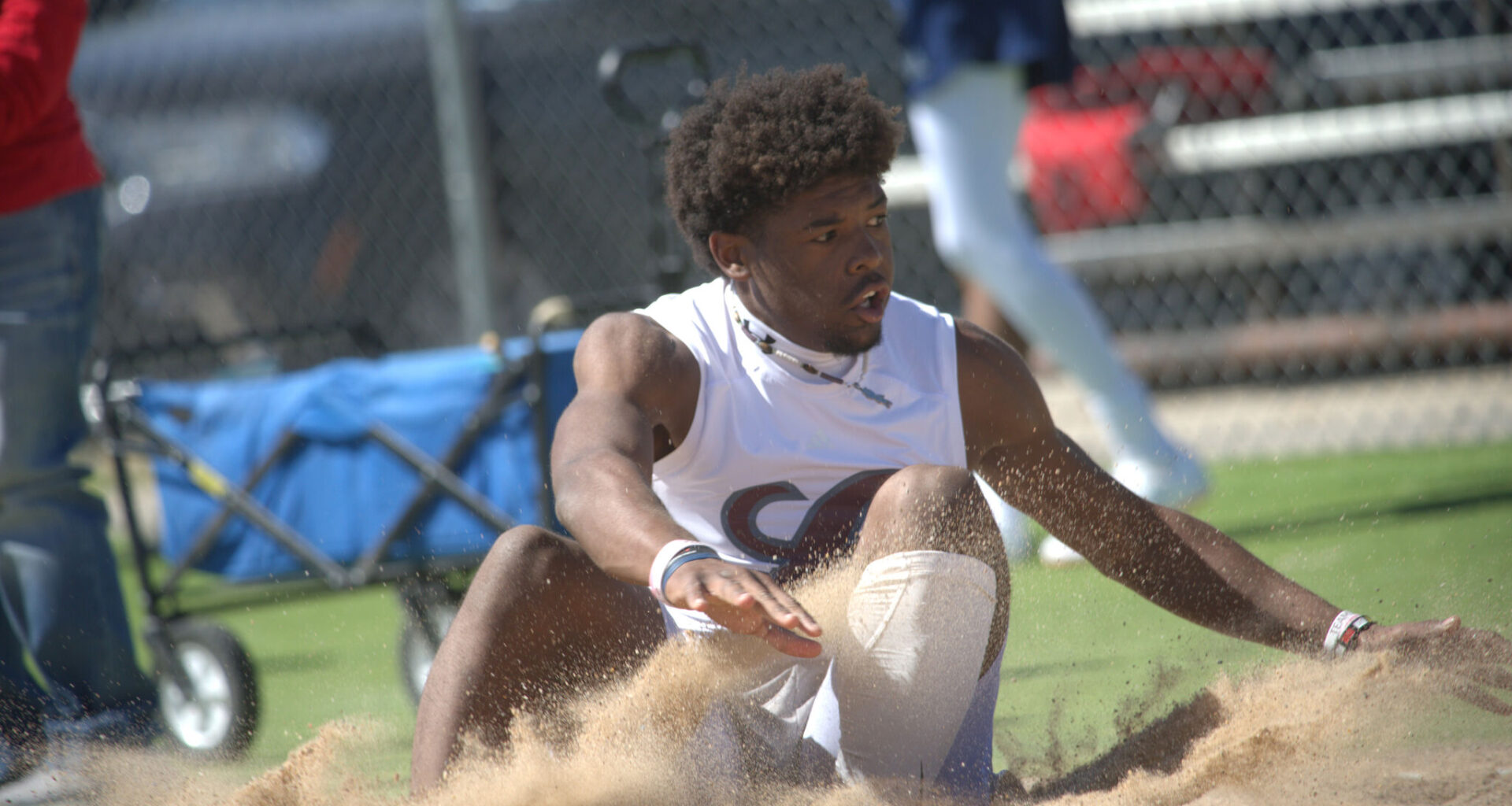 Legacy's Kameron Norman lands in the sand pit in the long jump during the West Texas Relays track and field meet, March 10, 2026, at Ratliff Stadium in Odessa. 