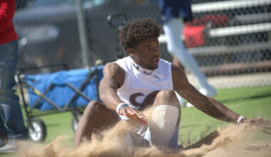 Legacy's Kameron Norman lands in the sand pit in the long jump during the West Texas Relays track and field meet, March 10, 2026, at Ratliff Stadium in Odessa. 