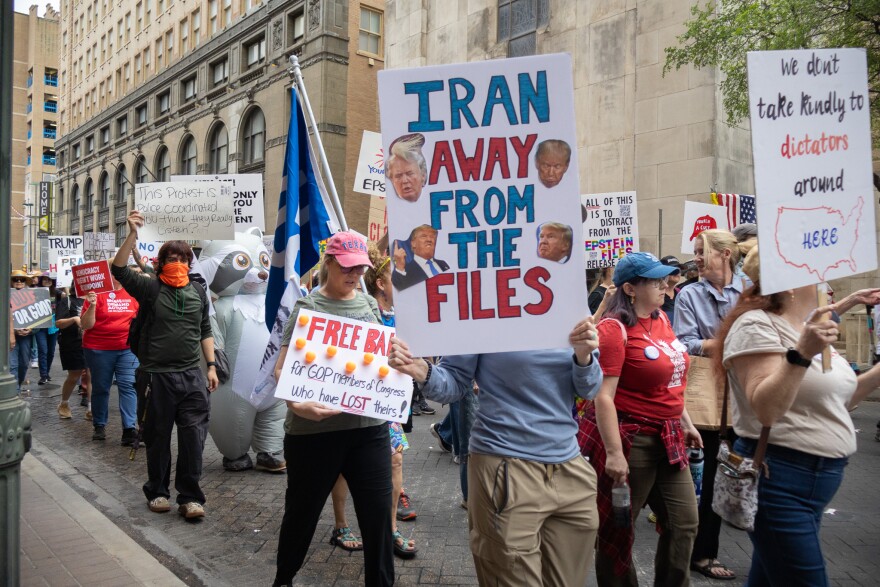 No Kings protest heads back to Travis Park after marching around downtown San Antonio to protest President Trump and his administration on March 28, 2026