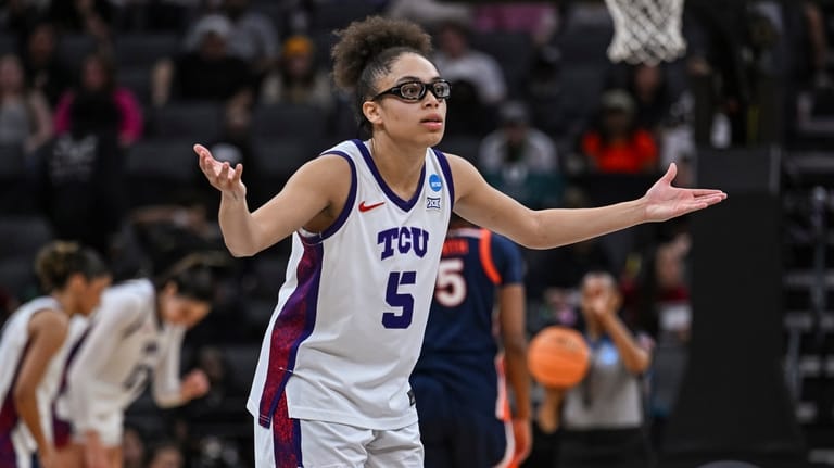 TCU guard Olivia Miles (5) reacts during the second half...