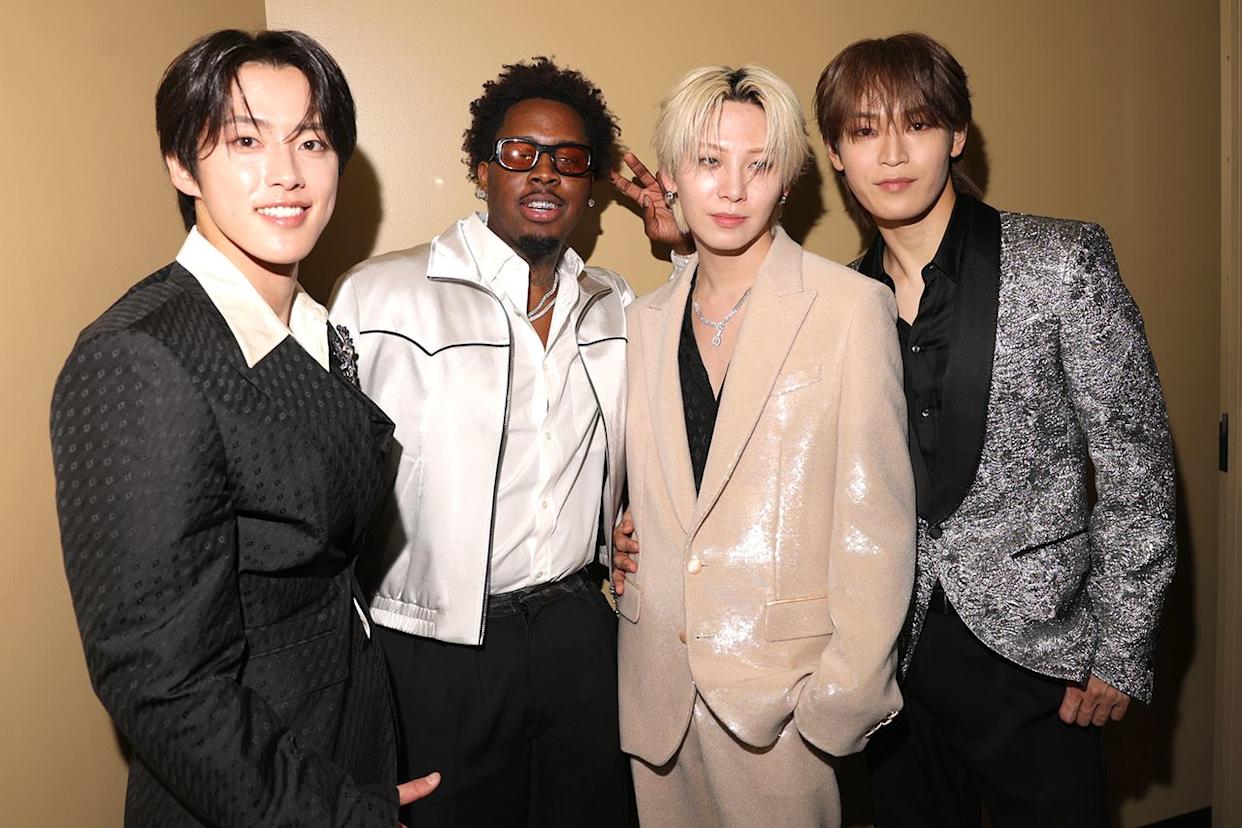 Kono Junki, Kawashiri Ren and Yonashiro Sho of JO1 and Real Boston RicheyCredit: Matt Winkelmeyer/Getty