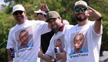 Tiger Woods mugshot shows up on T‑shirts during Houston Open 2026
