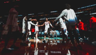 Donovan Atwell celebrates after making a 3-pointer in a win over Iowa State.