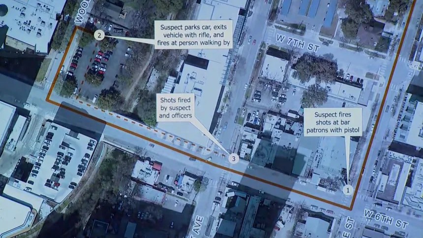 A map showing the scenes of the deadly mass shooting in Austin as seen during a news conference on Thursday.