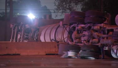 Overturned big rig blocking I-45 North southbound before Greens Road