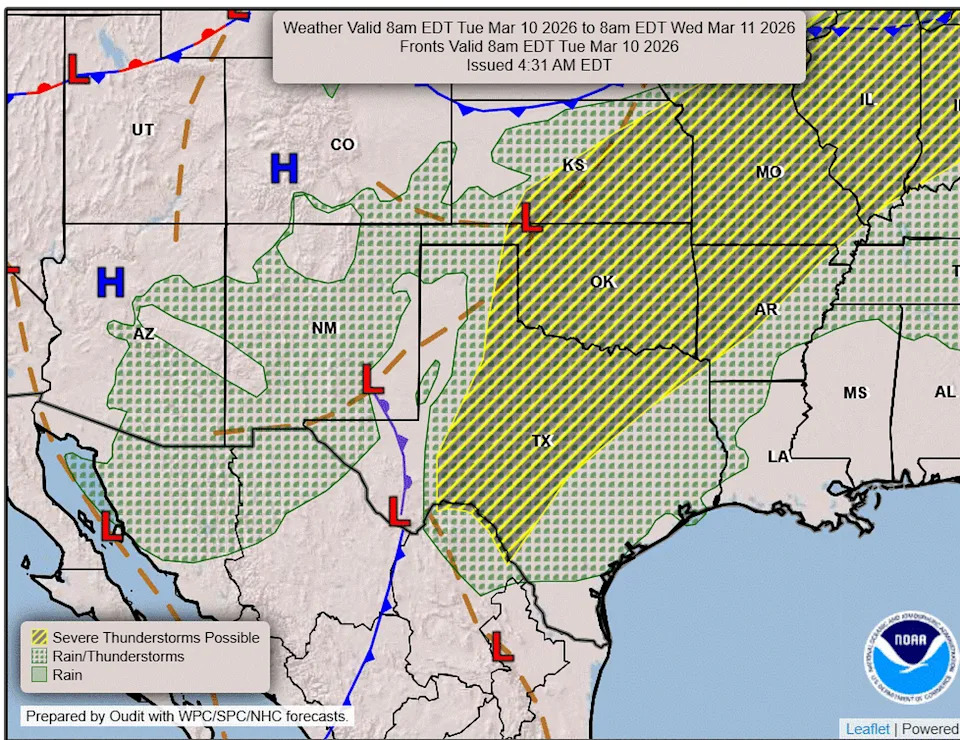 A storm system and cold front will move into the Lone Star State on Tuesday and Wednesday with potentially severe weather and heavy rainfall. (Weather Prediction Center)