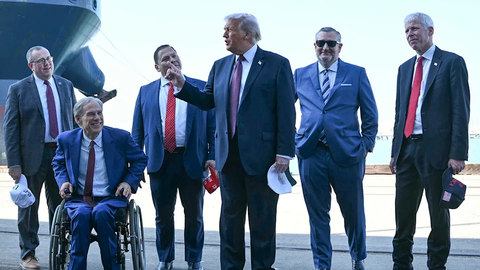 Texas Governor Greg Abbott (L), US President Donald Trump (C), US Senator Ted Cruz (R-TX) (2L), and US Secretary of Energy Chris Wright (R) take part in a briefing on energy at the Port of Corpus Christi in Corpus Christi, Texas on February 27, 2026.