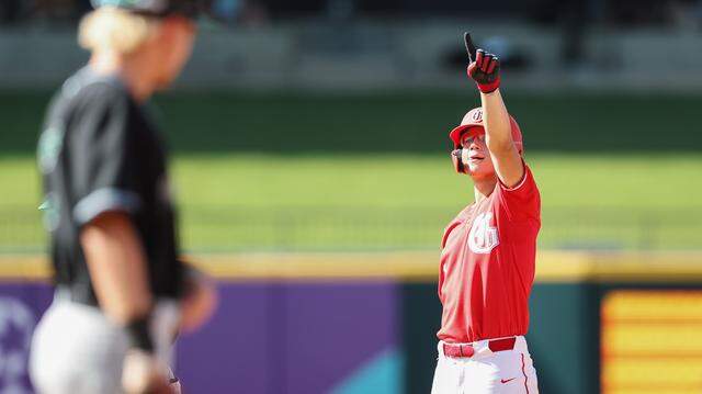 Grapevine pitcher Luke Esquivel points to his dugout in celebration after a base hit in the Class 5A Division II state championship game against Kingwood Park on Friday, June 6, 2025 at Dell Diamond in Round Rock, Texas.