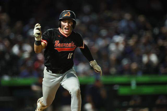 Aledo’s Lucas Nawrocki runs to first base while yelling in celebration toward the dugout in the Class 5A Division I playoffs state championship game at Dell Diamond Stadium on June 6, 2025. Aledo defeated Smithson Valley 8-1.
