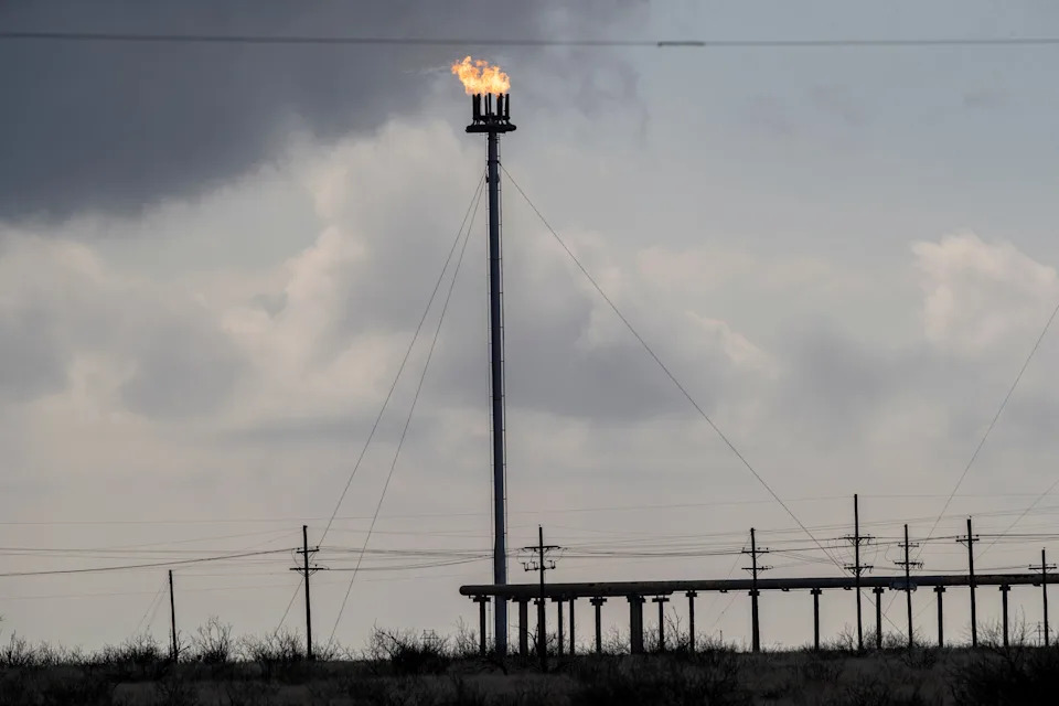 Natural gas flares at a wellhead in Hobbs, New Mexico in March 2024.
